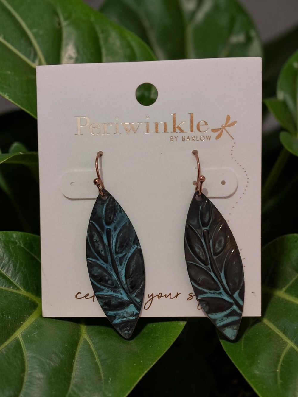Periwinkle by Barlow Patina Teal and Dark Leaf Drop Earrings